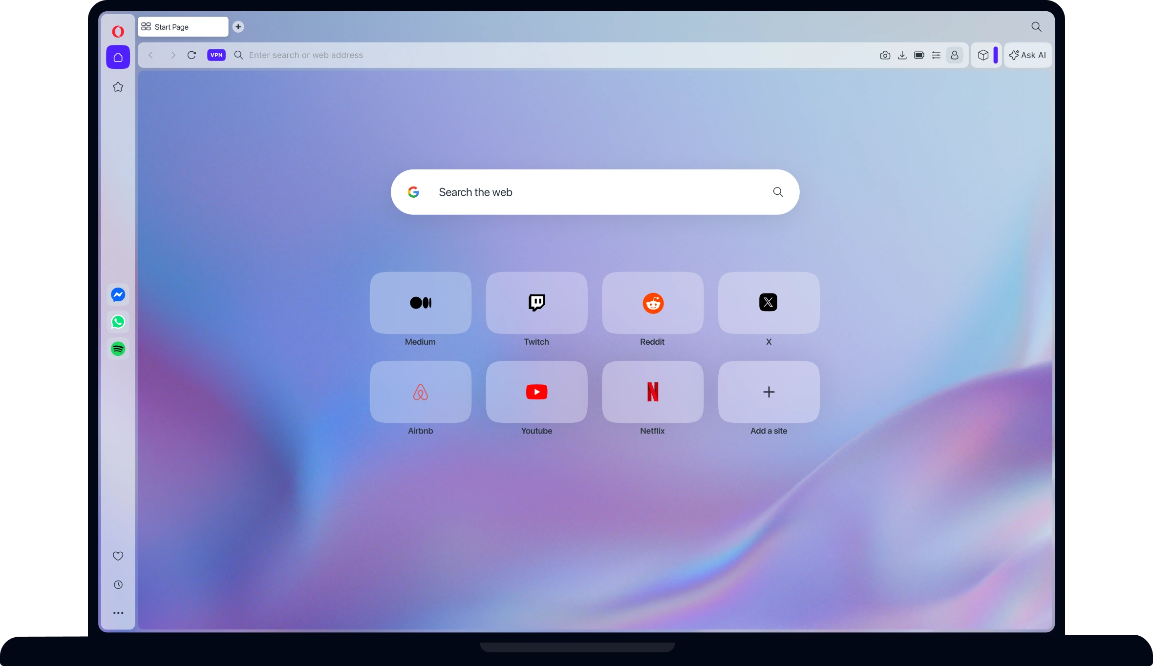 Opera 官方桌面浏览器产品画面，地址栏可见